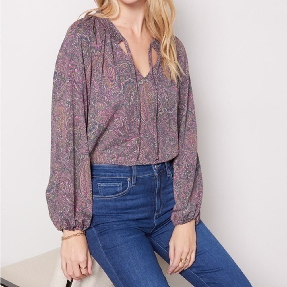 Evereve XS‎ Kyra Paisley Popover Blouse Top Split Neck Balloon Sleeve